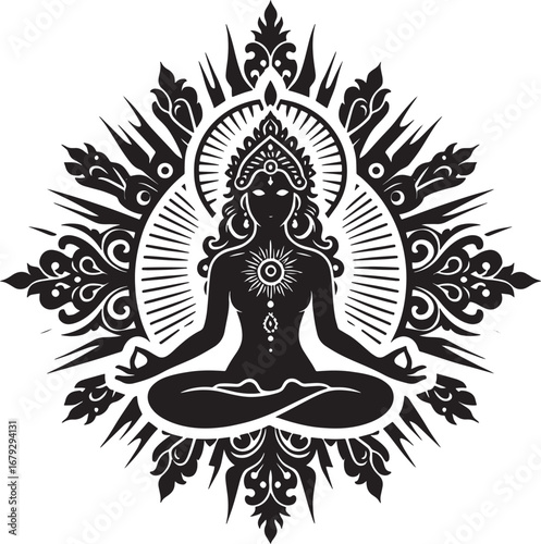 Intricate Black and White Illustration of a Meditating Figure with Ornate Decorative Elements