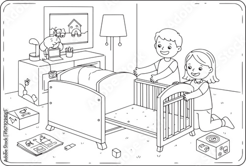 Delightful monochrome illustration featuring a couple building a