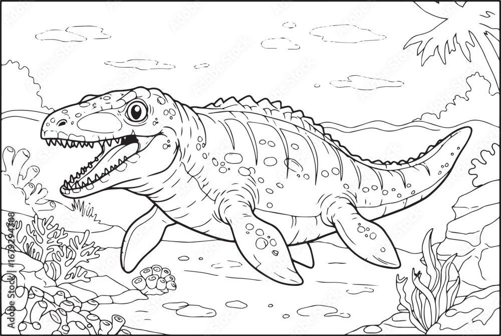 Fototapeta premium Cartoon Mosasaur Swimming in the Prehistoric Sea Coloring Book I