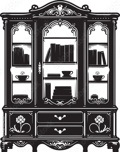 Elegant Black and White Vector Illustration of a Detailed Antique Wooden Bookshelf Cabinet