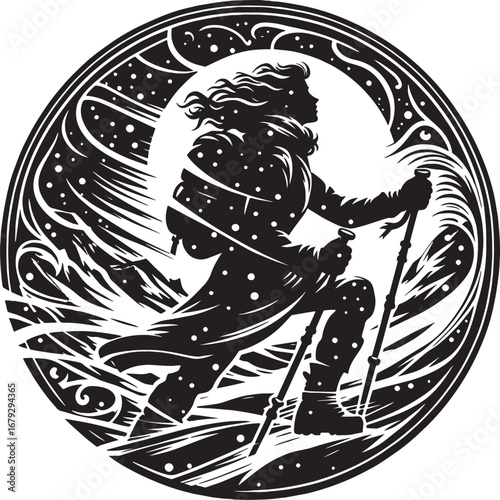 Silhouette of a hiker with trekking poles in a snowy landscape within a circular frame design
