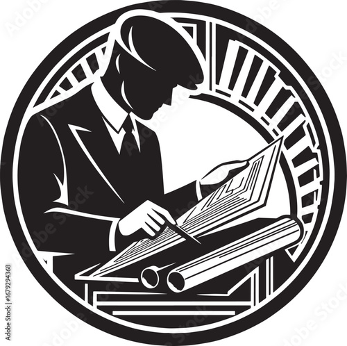 Architect Silhouette Analyzing Blueprints Within Circular Frame in Black and White Design