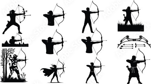 Silhouette archers aiming with bows and arrows, various poses of male and female archery, traditional and modern bows, outdoor hunting and target practice.
