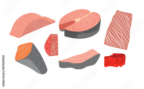cartoon sliced fish meat red fish pieces white fish delicious sashimi slices hake pangasius mackerel salmon steak fillet illustration set