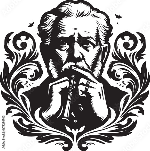 Intricate Black and White Vector Illustration of a Thoughtful Man with Ornate Floral Design