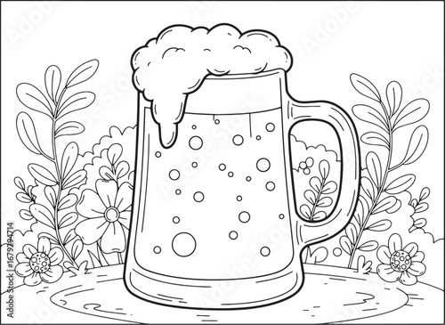 Outlined beer stein amidst floral scenery, suitable for coloring