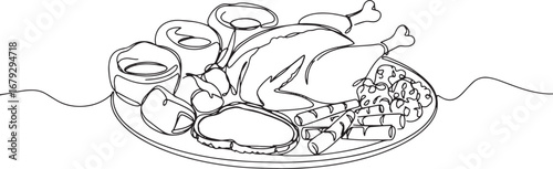 Elegant single line drawing showcasing a delectable roast dinner