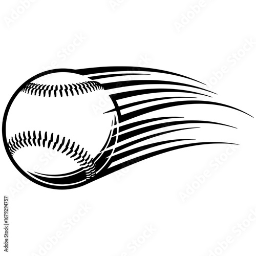 A minimalist black and white vector illustration of a baseball in high-speed motion with classic speed lines.

