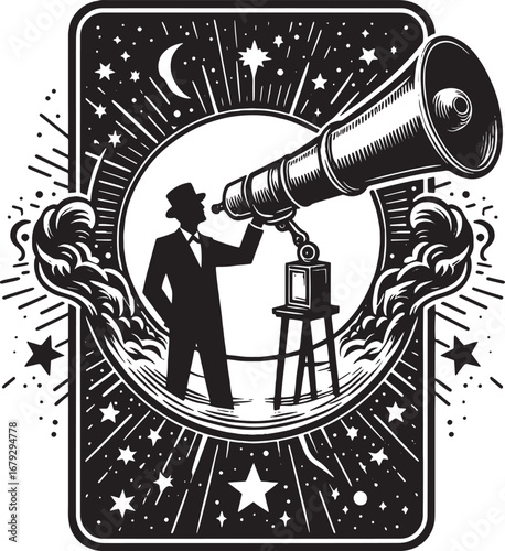 Illustration of a man observing the sky with a telescope and stars in a vintage design