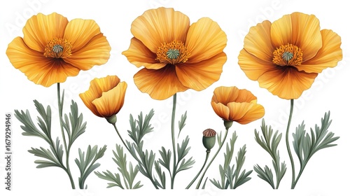 Cute Watercolor California Poppy Sticker - Vector Contour, White Background High Resolution
