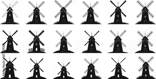 Silhouette set of traditional vintage windmills, rural wind turbine structures, countryside farming mills, agricultural building illustrations, vector graphic icons