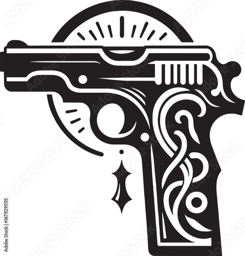 Intricate Black and White Illustration of a Detailed Handgun with Ornamental Design Elements