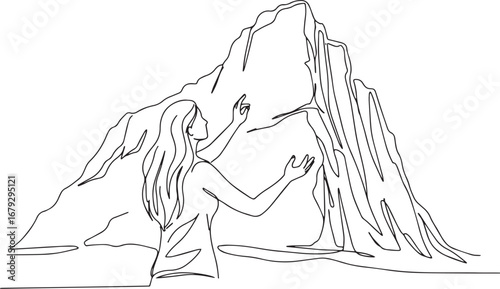Minimalist continuous line drawing of woman interacting with a m