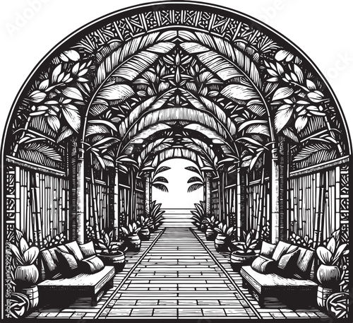 Black and White Illustration of a Tropical Archway with Plants and Seating Area