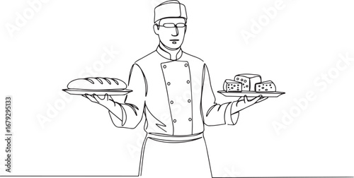 Continuous line art featuring a chef serving bread and cheese on