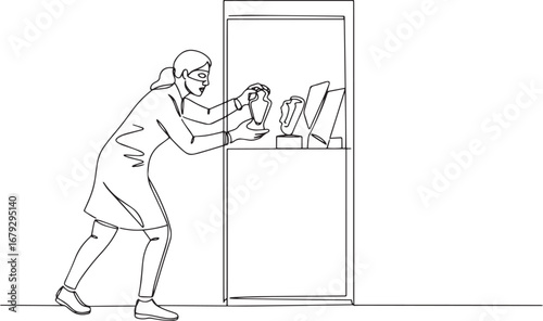 Single line drawing of a woman stealing valuable vase from museu