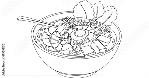 Monoline illustration depicting Singaporean Laksa with shrimp an
