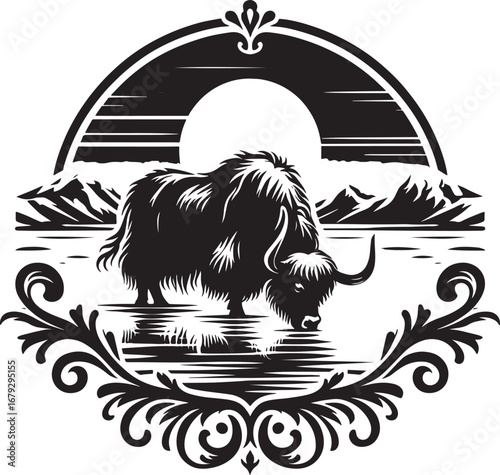 Monochrome Illustration of a Yak in a Scenic Landscape Within an Ornamental Frame