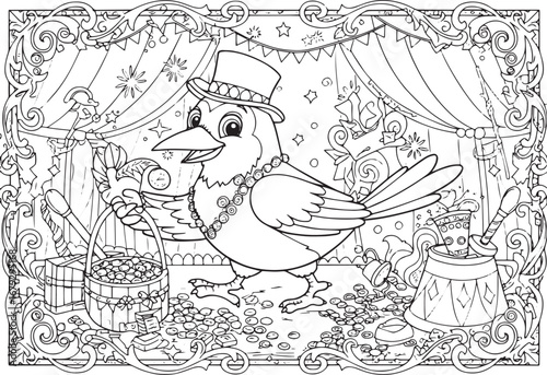 Whimsical magpie character in monochrome illustration with decor