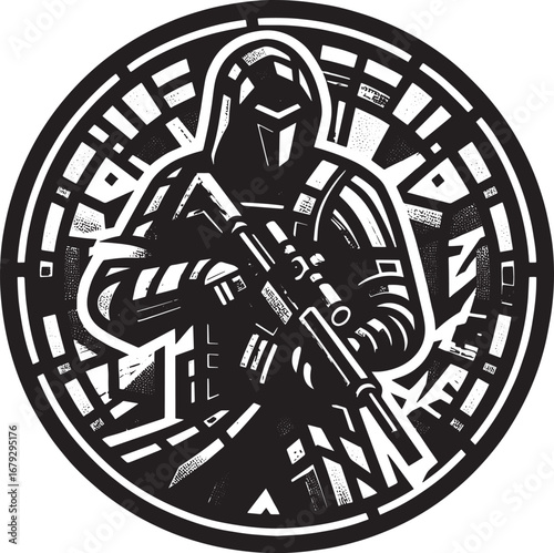 Intense Black and White Illustration of a Soldier in a Futuristic Armor Holding a Rifle