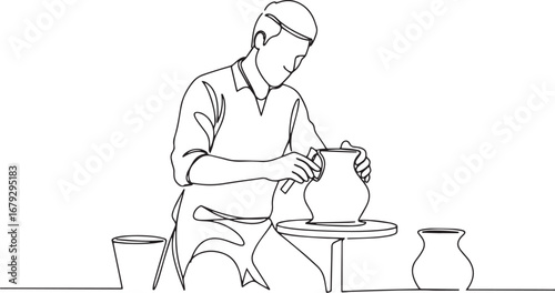 Minimalist line art depicting a man carefully shaping clay on a