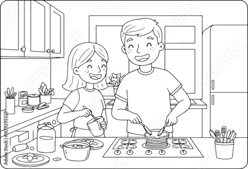 Charming outline drawing of a couple joyfully preparing pancakes