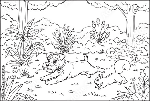 Cartoon miniature schnauzer chasing a squirrel through a forest