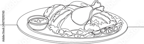Continuous Line Drawing of Jamaican Jerk Chicken on a Plate with
