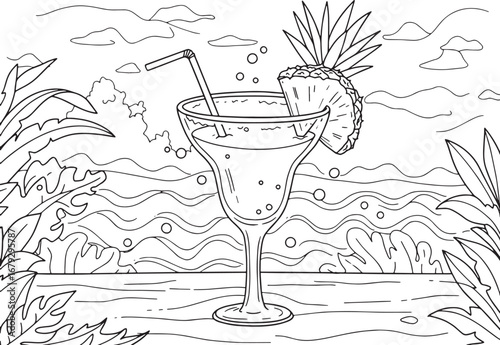 Line art illustration of a refreshing pineapple margarita on a t