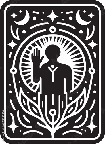 Intricate Black and White Illustration Depicting Symbolic Human Figure and Celestial Elements