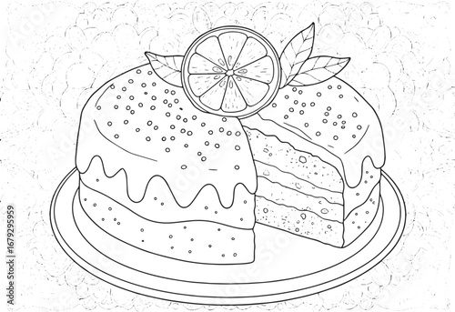 Lemon Poppy Seed Cake Coloring Page for Adults with Intricate Ba