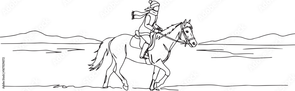 Fototapeta premium Winter equestrian adventure a line drawing of a woman riding a h