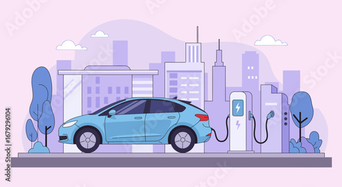 Electric car charging at a public station in the city, sustainable transport