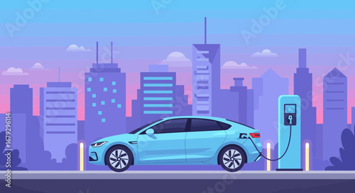 Modern electric car charging at a charging station against the backdrop of city buildings