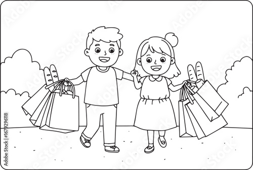 Line art illustration of happy children returning from a shoppin