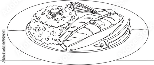 Minimalist continuous line drawing of Barbadian Cou-Cou dish pre