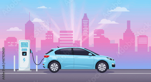 Electric vehicle charging station with city skyline illustration concept