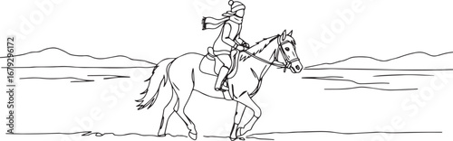 Winter equestrian adventure a line drawing of a woman riding a h