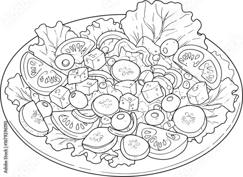 Elegant line art illustration showcasing a greek salad with fres