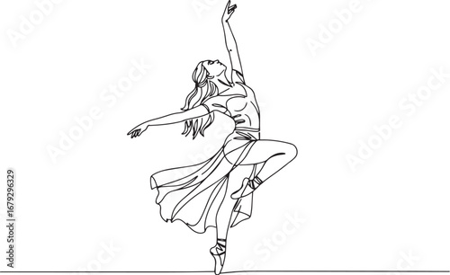 Elegant continuous line drawing of a ballerina in graceful pose