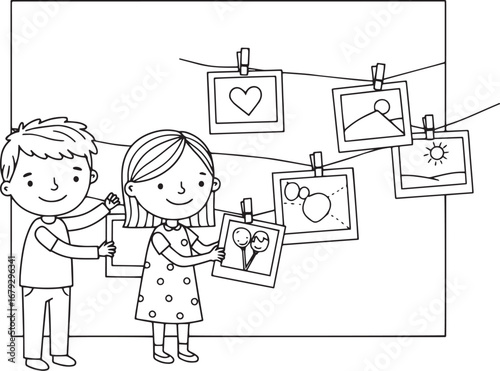 Illustrative children hanging cherished memory photos on a strin