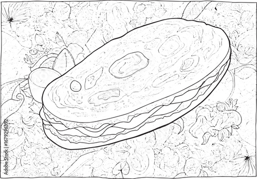 Intricate line art of a Caribbean roti surrounded by tropical fo