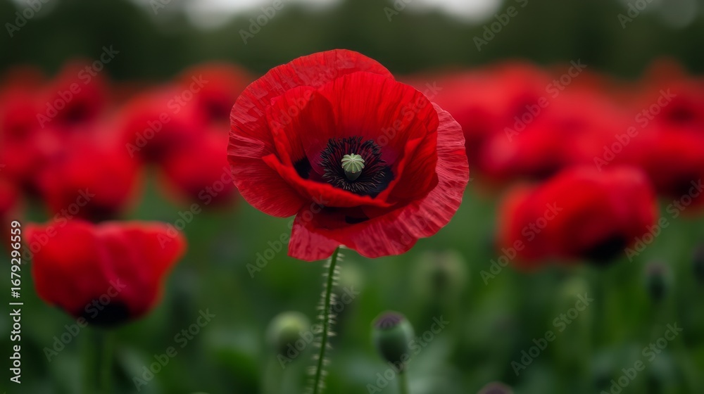 Obraz premium Vibrant Red Poppy Flower in Bloom Amidst a Field of Blossoming Poppies Under Soft Light
