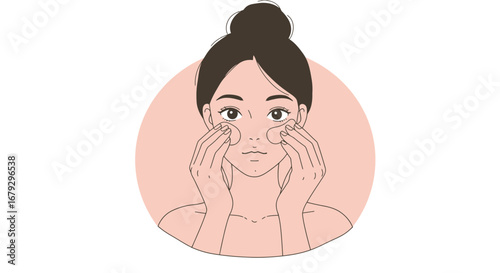 Young woman applying cosmetic patches on her face in skincare routine concept