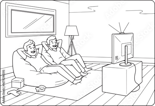 A cozy evening: Relaxing couple watching television in their con