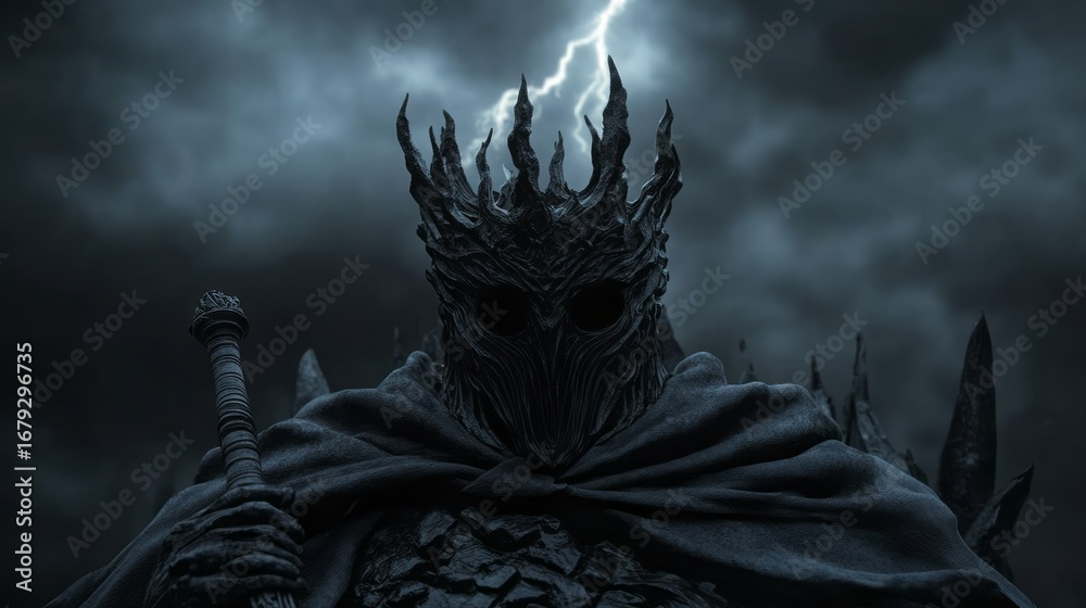 Fototapeta premium Dark Fantasy Figure with Crown Surrounded by Storm Clouds and Lightning in Mysterious Scene