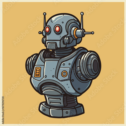 Futuristic robot character with glowing red eyes and metallic body, standing against a warm yellow backdrop.