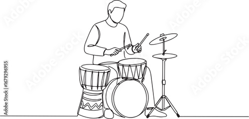 One-line drawing of a man playing drums in musical expression an