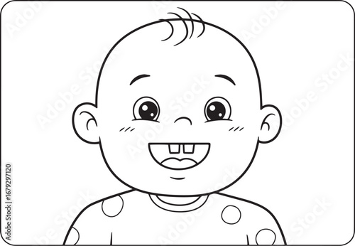 Adorable smiling baby line art illustration for coloring book or