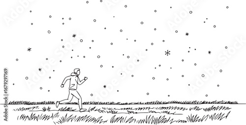 Serene illustration of a man running through a snowy field with